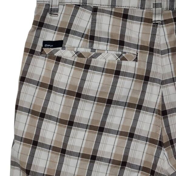 Split men's plaid shorts brown tan cream zip flat front size 33 waist - Picture 4 of 9